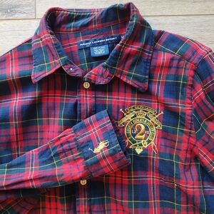 Ralph Lauren Sport Women's Tartan Plaid Preppy Wool Cotton Blend Shirt Red 14